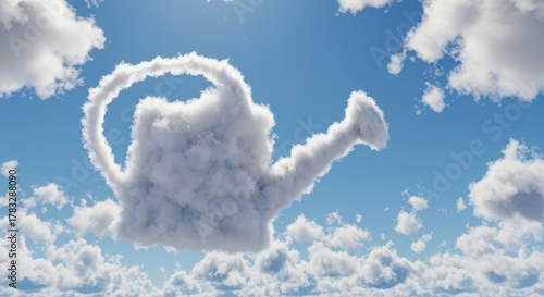 Fototapeta Naklejka Na Ścianę i Meble -  Cumulus cloud formation shaped like a watering can floats in a bright blue sky