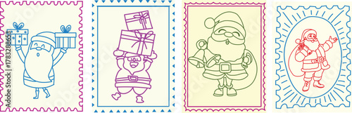 Festive Marry Christmas Santa Claus stamp set in cute doodle style. Perfect for Christmas cards, gift wrapping, posters, holiday crafts, winter celebration and joyful design projects. Post stamp.