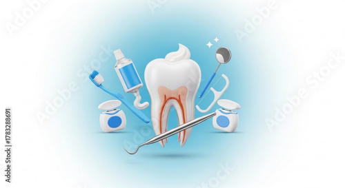 Dental care products and tooth model for healthy teeth and gums oral hygiene and regular dentist visits
