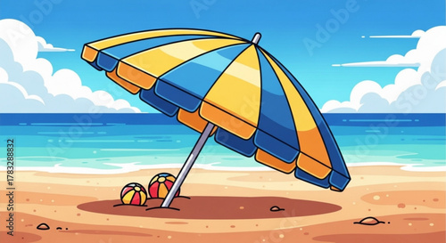 Cartoon beach scene with umbrella and beach balls for summer vacation fun and seaside relaxation time