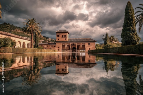 Reflections of Alhambra Palace under a cloudy sky in Granada, Spain during sunset