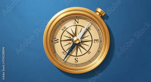 Gold compass vintage navigation tool for direction finding and exploration with blue background graphic asset