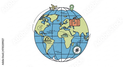 World travel destinations and planning international vacation with airplane and cruise ship trip adventure