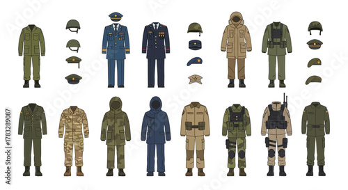 Military Uniforms Diverse Styles and Camouflage Patterns.