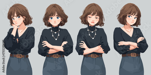 Illustration vectorielle d'une jeune femme montrant différentes émotions et postures sur fond gris