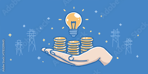 Vecteur d'une main tenant des pièces de monnaie sous une ampoule lumineuse, symbolisant l'investissement dans l'énergie.