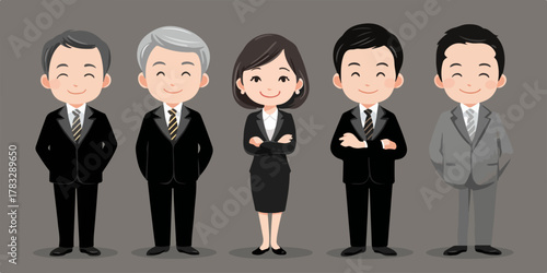 Groupe de professionnels en costume, vecteur de personnages stylisés, illustration d'entreprise.