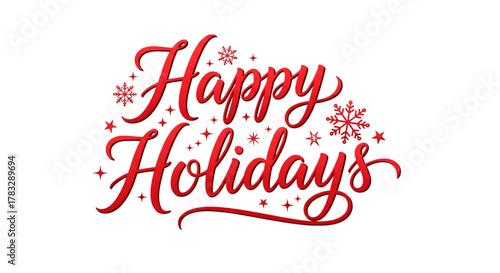 Elegant red happy holidays lettering with sparkles on transparent background