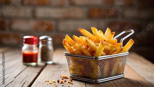 Crispy golden French fries in a metal basket with condiments