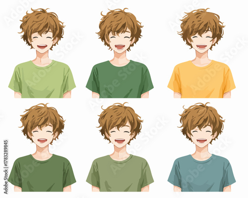 Ensemble de six illustrations vectorielles d'un jeune homme souriant aux cheveux bruns portant des t-shirts de différentes couleurs.