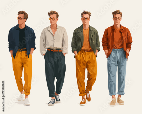 Vecteur de quatre hommes stylés en tenues décontractées et colorées, posant sur fond neutre.