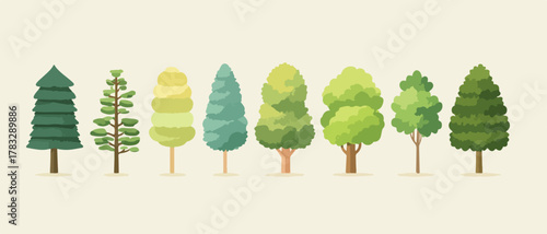 Collection de huit arbres stylisés aux formes et couleurs variées, sur fond clair.