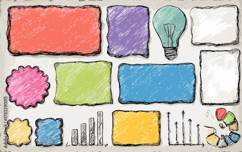 Collection de cadres et d'éléments graphiques dessinés à la main, style croquis, pour des présentations créatives