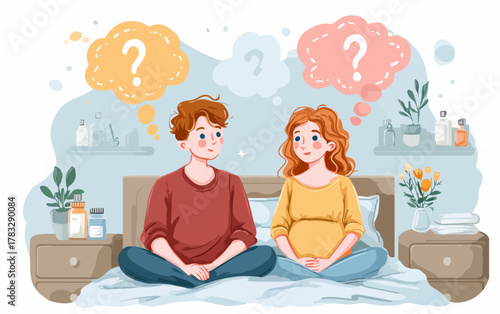 Couple pensif assis sur un lit, réfléchissant avec des bulles de pensée pleines de points d'interrogation.
