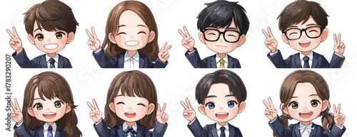 Ensemble de huit illustrations vectorielles de jeunes professionnels souriants faisant le signe de la paix.