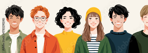 Groupe diversifié de jeunes souriants, illustration vectorielle de personnes aux styles variés