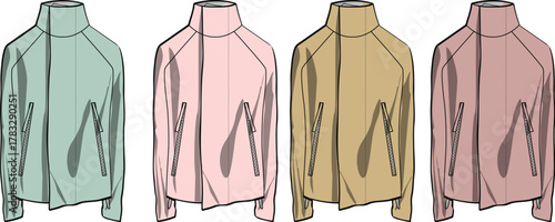 Stylish Assortment of Four Jackets in Different Pastel Hues, Presented as Flat Fashion Illustrations