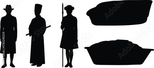 Silhouette of three people in traditional clothing and two baskets black shapes of figures and containers