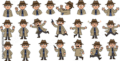 Cartoon detective character, vector illustration, emotional poses, action gestures, gun pointing, running, shouting, surprised, angry, confused, trench coat, hat
