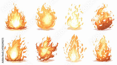 Ensemble de huit flammes stylisées et colorées, parfaites pour des graphismes et des illustrations