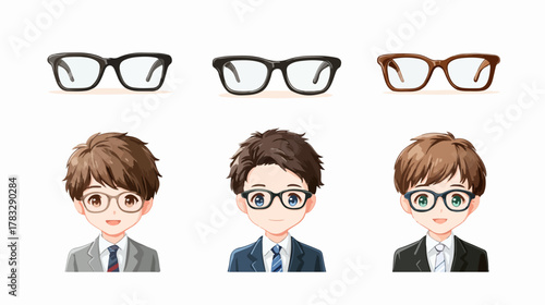 Trois portraits d'hommes en costume avec des lunettes, style dessin animé, vecteur