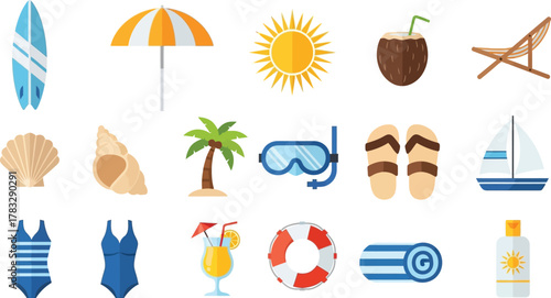 Summer vacation elements surfboard, umbrella, sun, coconut, beach chair, seashells, palm tree, goggles, flipflops, sailboat, swimsuit, cocktail, lifebuoy, towel, sunscreen