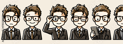 Ensemble de personnages de dessin animé d'un homme d'affaires aux expressions variées, portant des lunettes et un costume.