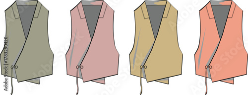 Set of men's fashion vest technical flat drawings. Asymmetrical wrap-style waistcoat illustration in four color variations for apparel design