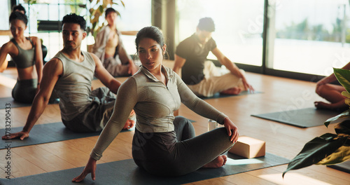 Quadro su tela Yoga class, floor or group stretching in studio, holistic exercise or posture practice in morning