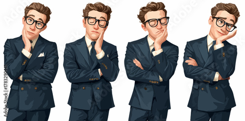 Un homme d'affaires pensif, portant des lunettes, présente quatre poses distinctes sur fond blanc.