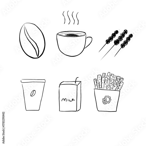 Hand-drawn food and drink icons including coffee cup, coffee bean, milk box, fries, and skewers. Minimalist black and white doodle style perfect for café menus, packaging, or food illustrations