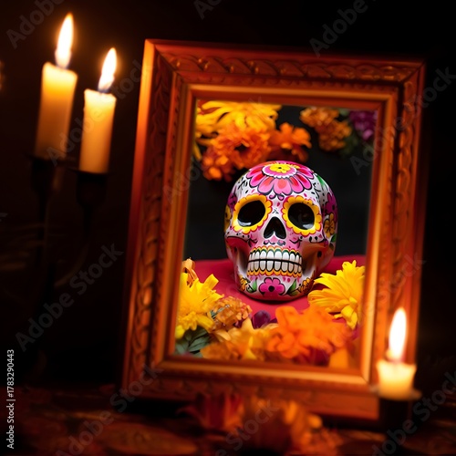 Day of the Dead colorful skull in frame with candles and flowers