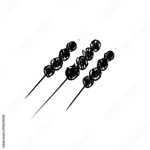 Hand drawn of three satay skewers with several round meat pieces on each stick. Suitable for culinary designs, food logos, or graphic elements with a street food theme.