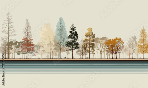 Vecteur d'une forêt stylisée avec une variété d'arbres aux couleurs d'automne et un plan d'eau