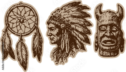 Dreamcatcher, mask, and headdress set in brown tones. This detailed vector illustration showcases traditional cultural elements and artistry.