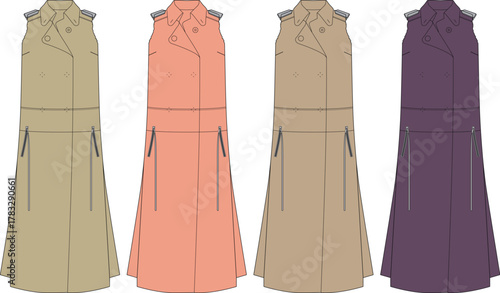 Stylish sleeveless trench coat designs in various colors fashion illustration