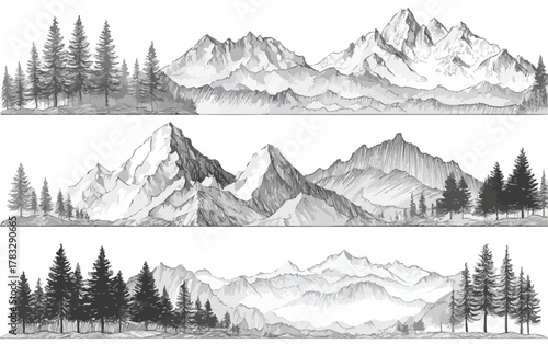 Vecteur de paysages de montagnes et de forêts, dessinés à la main avec des détails fins.
