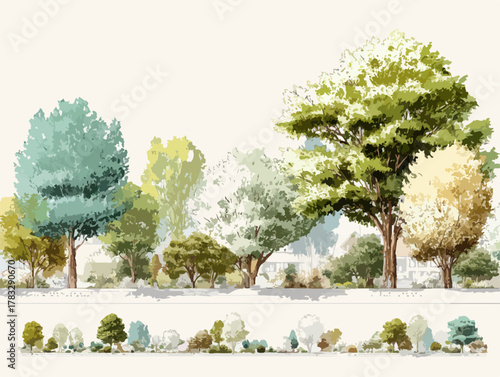 Vecteur d'un paysage forestier avec divers arbres aux feuilles colorées et un ciel clair.