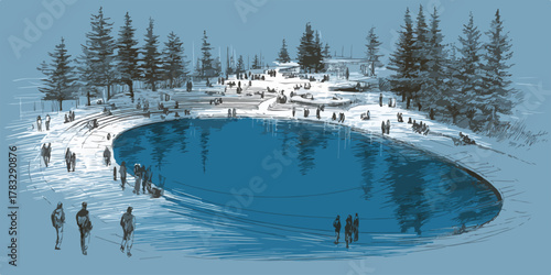 Illustration vectorielle d'une scène hivernale avec des gens profitant d'un lac gelé entouré de pins enneigés.