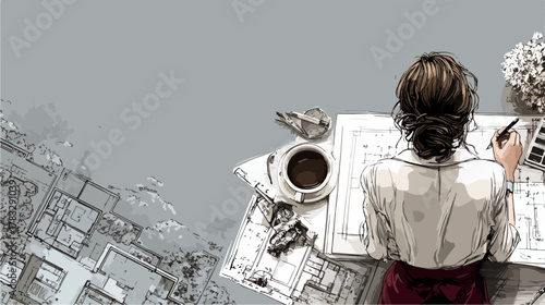 Une femme architecte concentrée travaille méticuleusement sur des plans de construction, illustrant la créativité et la planification professionnelle.