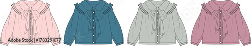 Set of four ruffled blouse illustrations in pink, teal, gray, and mauve, presented on a white background