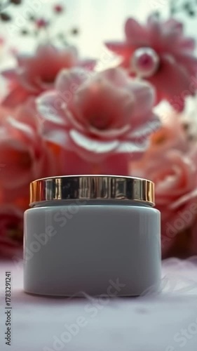 mockup cream with floral elements in the background, surrounded by white smoke or fog.