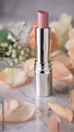 Mockup of a cosmetic lipstick product with a floral background, designed to serve as a glamorous accessory.
