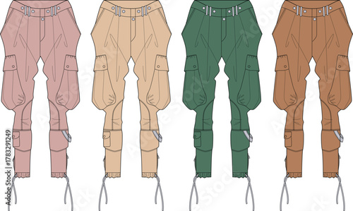 A stylish collection of cargo pants in versatile color variations, presenting detailed apparel designs for casual fashion and modern everyday wear