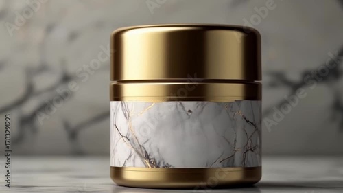 A cream mockup adorns a marble surface, its golden cap gleaming in the light.