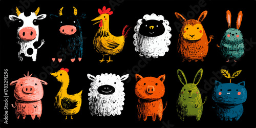 Collection de charmants animaux de ferme stylisés et colorés, dessinés à la main sur fond noir