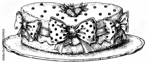Vecteur de gâteau en forme de cœur orné de pois et de fraises, décoré de nœuds en ruban.