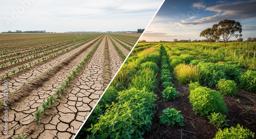 A powerful diptych contrasts a dry, cracked monoculture farm with a lush, biodiverse garden, symbolizing the choice between destructive practices and regenerative, sustainable agriculture
