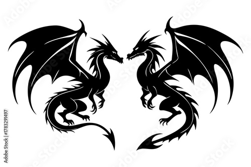 Fantasy Dragon Silhouettes Collection. Mythical Creatures, Flying Dragons, Fantasy Illustration Set.