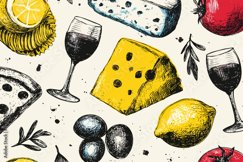 Vecteur d'une composition alimentaire colorée avec du fromage, du vin, des olives, des tomates et du citron.